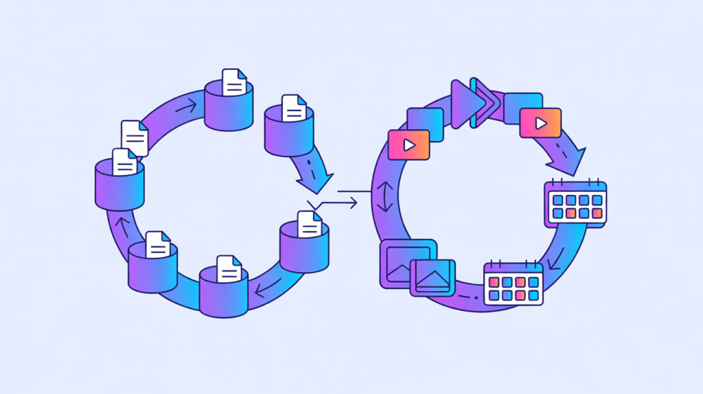Efficient content creation workflow for association social media showing batching and repurposing strategies