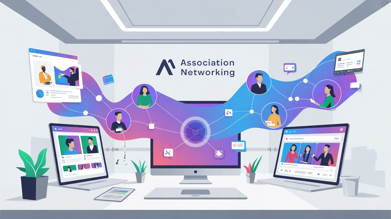 Association social media strategy visualization showing connected community across multiple platforms