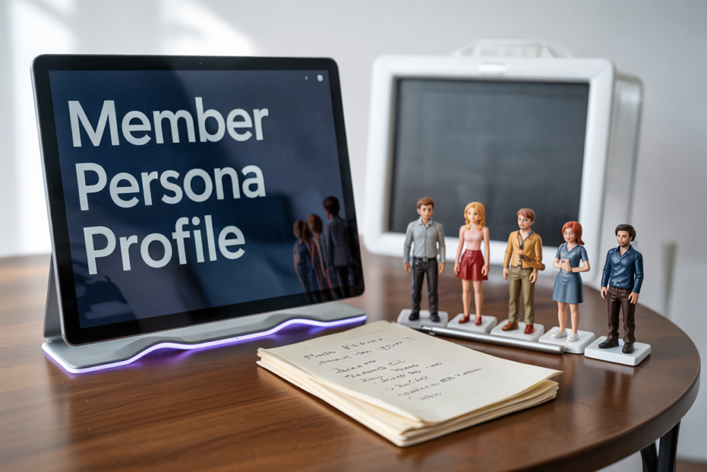 Detailed member persona development workspace with digital and analog planning elements