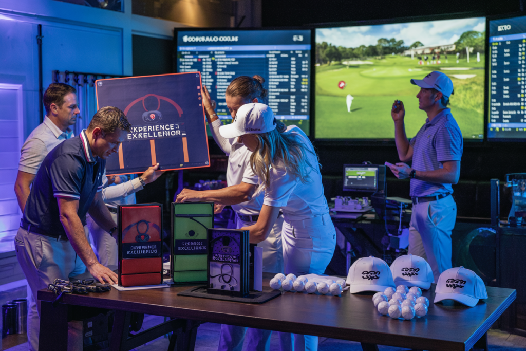 Final golf tournament marketing preparations including signage production, player communications, and branded materials
