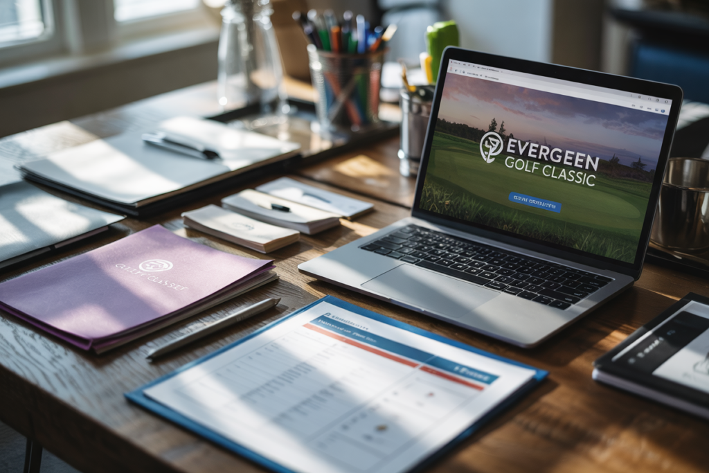 Early golf tournament marketing planning with branding materials, sponsor packages, and digital assets