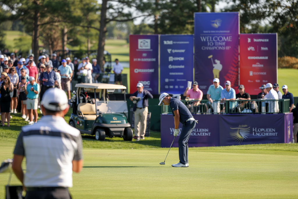 Active golf tournament showing professional marketing elements in use including branded signage, sponsor activations, and consistent branding