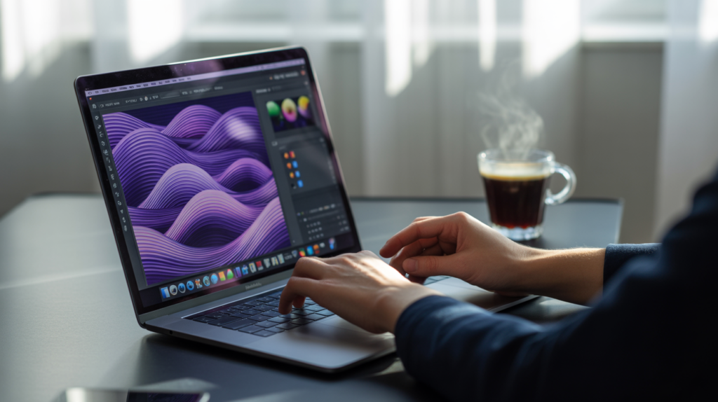 A Michigan Graphic Designer designing purple waves on a laptop. Graphic Design Companies in Michigan